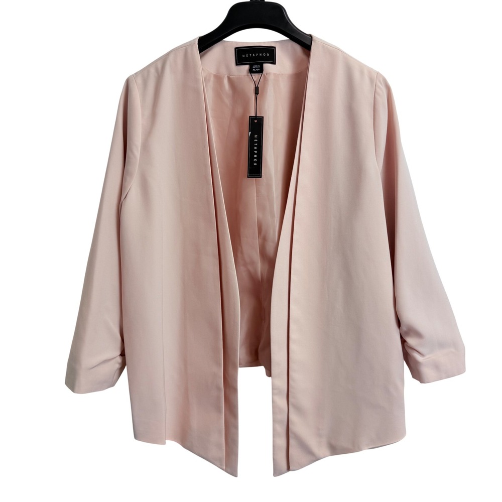 NEW Metaphor Womens Open Front Blazer Rosy Sunset Ruched Sleeve Jacket XL